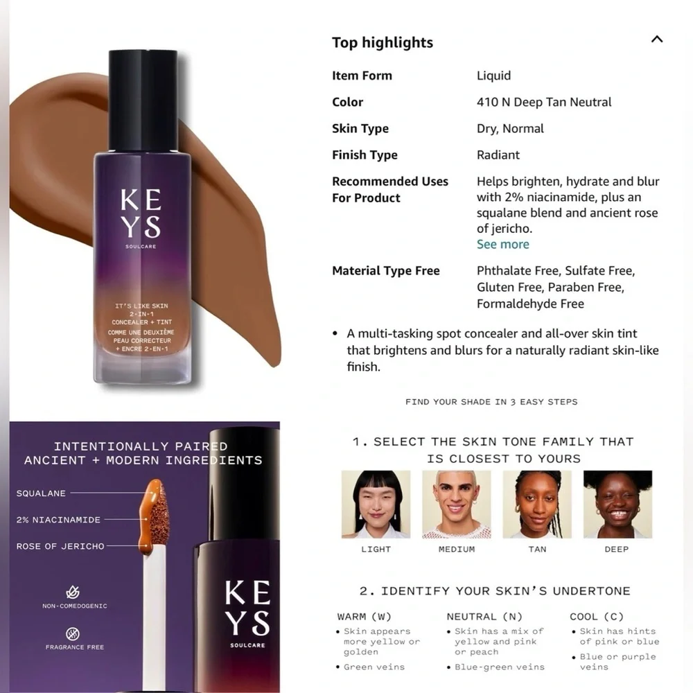 2-In-1 Concealer + Tint Keys Soulcare Deep Tan Neutral 410n BRAND NEW